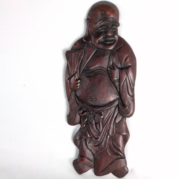 Vintage 1960s-70s 14" Happy Buddha Wall Plaque Carved Rosewood Hotei Laughing - Picture 1 of 7